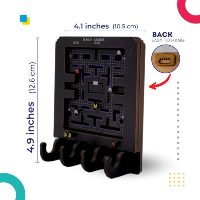 Pac-Man Key Holder - Retro Arcade Game 3D Laser Cut MDF Wood Key Rack - 4 Hooks