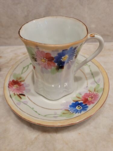 Nippon Hand Painted China Pink Blue Demitasse Tea Cups And Saucer - Picture 2 of 7