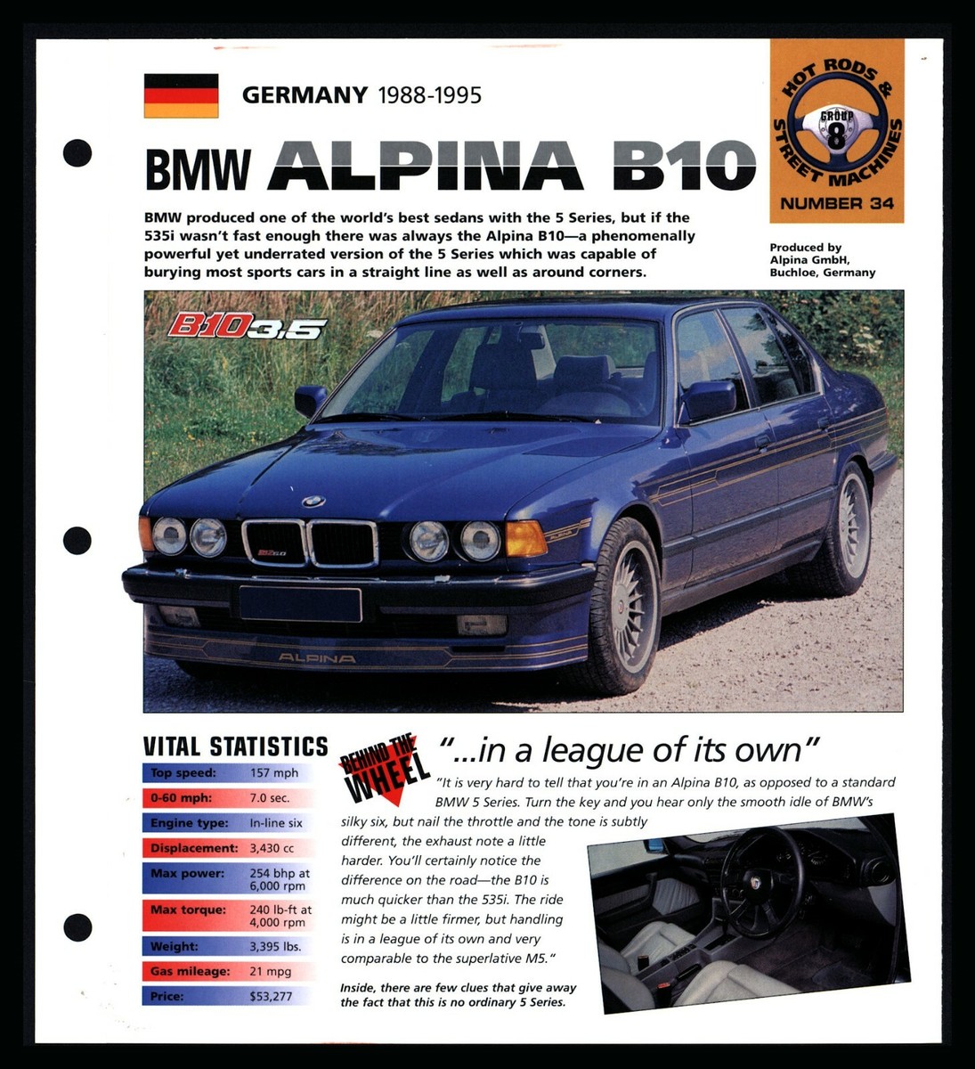 BMW Alpina B10 (Germany 1988-1995) Spec Sheet 1998 HOT CARS BMW Alpina B10 (Germany 1988-1995) Spec Sheet 1998 HOT CARS