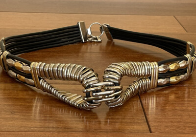 Vintage Western Native American Belt Metal Silver Gold Black Resin Chain Boho