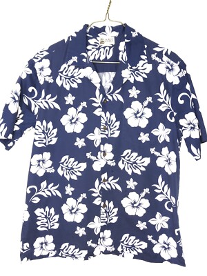 Vtg Aloha Republic Blue White Aloha Hawaiian Hibiscus Shirt Sleeve Shirt Large