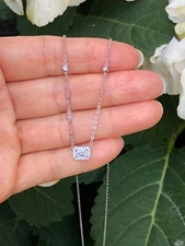 925 Sterling Silver Rectangle Halo Pendant Necklace CZ Women 7mm 17.5" Dainty