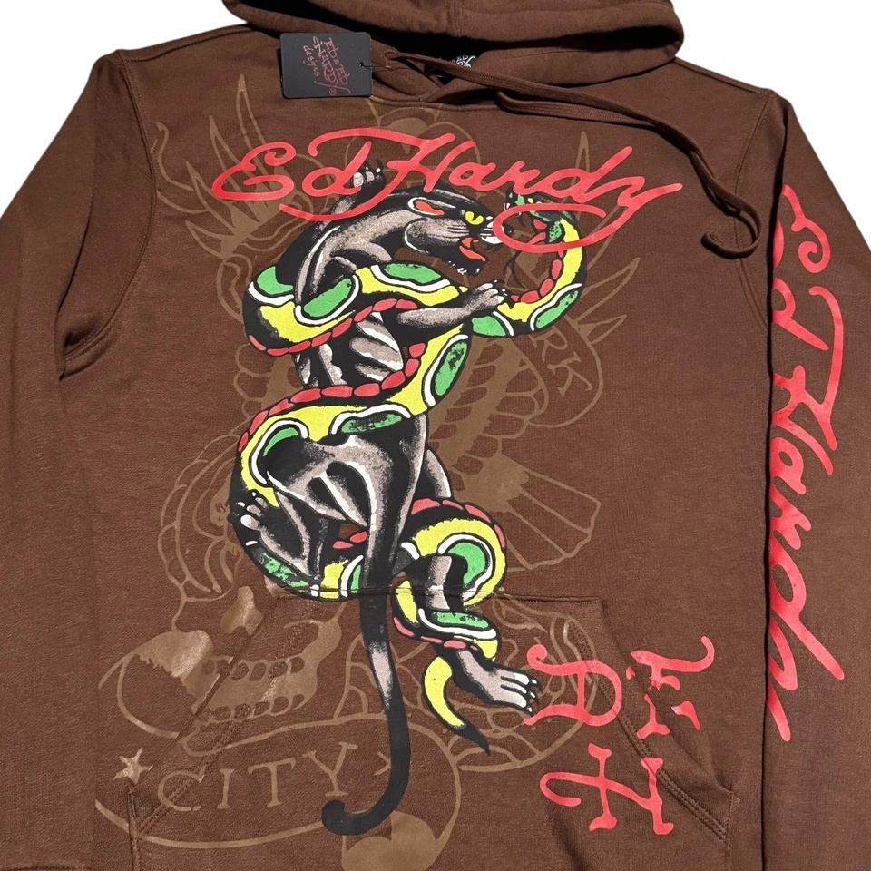 NWT Ed by ED Hardy Panther Snake Double Sided Brown Hoodie Sweatshirt Mens Large - Image 2 of 4