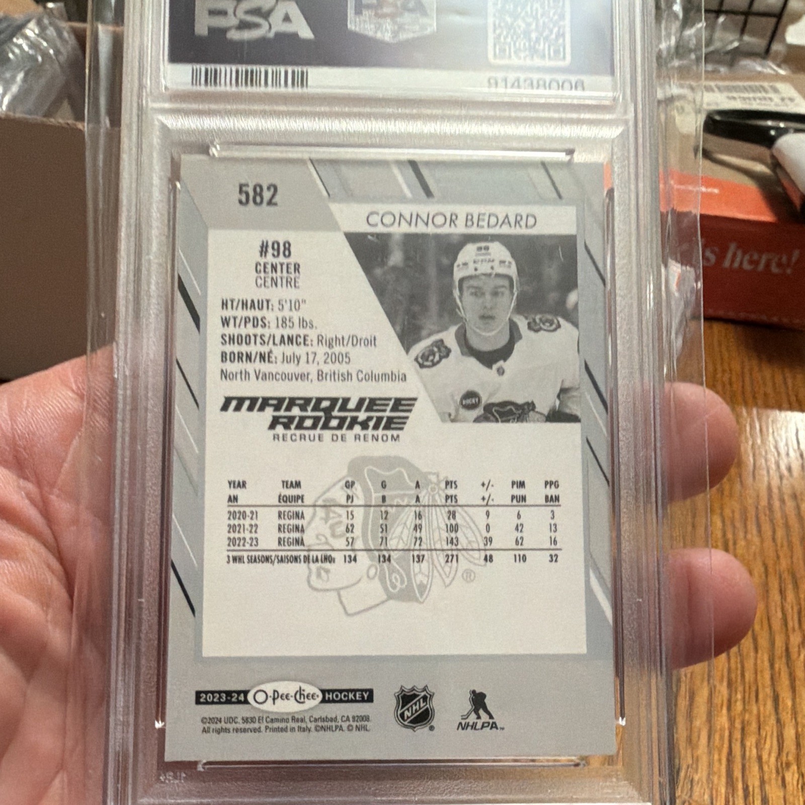 O-Pee-Chee 2023-24 Connor Bedard Marquee Rookie #582 Blackhawks PSA 9 view 2
