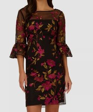 Adrianna Papell Women's Black Floral Embroidered 3/4 Flared Sleeve Dress Size 8