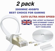 2 Pk Cat 8 Ethernet Cable 5m: 40Gbps 2000MHz Flat High Speed RJ45 Network Patch
