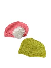 Lot of 2 Crocheted Beanie Cap Hat Crib knit Yellow Pink Trim Flower Applique 6 1