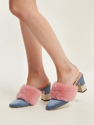 GUCCI SHOES CANDY SATIN AND FAUX FUR MULES CRYSTAL HEEL $1,370 sz IT  US