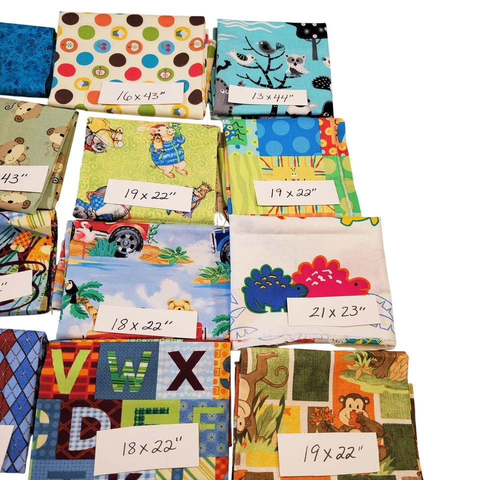 Cotton Fabric Bundle 14 Pcs Kids Prints Fat Quarters Scrap Lot 9x44–21x23" - Image 3 of 4