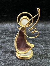 Standing STAINED GLASS ANGEL w/Flowers - 24K Gold Finish - Made in USA - 3" Tall