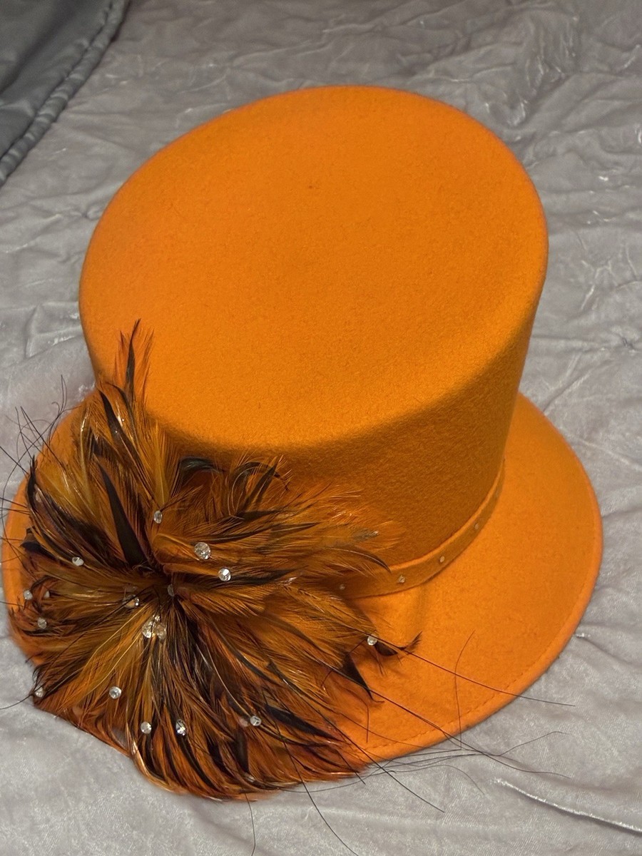 Orange Felt Winter Church Hat with Feather and Rhinestone  display picture 1