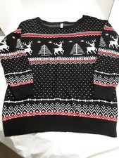 Vintage Christmas Sweater Women 2X Black White Red 80s 90s AOP Made IN USA *