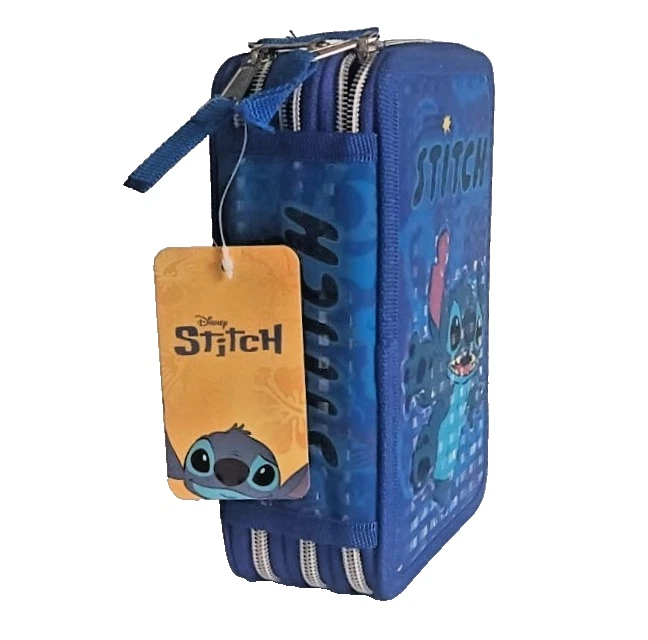 Astuccio Scuola 3 Zip Stitch 3D Blu Portapenne Matite Pastelli Nuovo - Immagine 2 di 4
