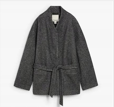 Jacke Woll-Mix-Wrap-Coats Gr. 44 Schwarz Grau Damenjacke mit Bindegürtel Neu