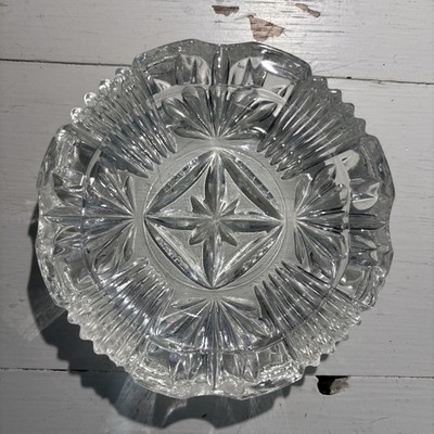 Vintage Cut Glass Ashtray Lead Crystal Heavy Round Star 4 