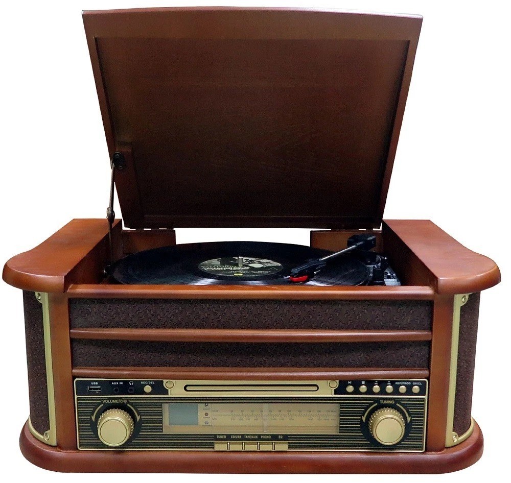 Chaîne stéréo rétro en bois avec tourne-disque vinyle compact Oakwood