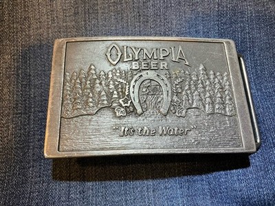 Vintage 1970s Olympia Beer Water Belt Buckle Grey Color 3 1/2  X 2 1/4 