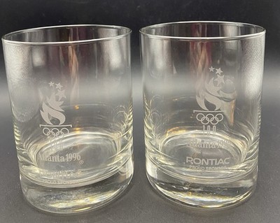 2-1996 Atlanta Centennial Olympic Games Etched 12 Oz Souvenir Rocks Glasses EUC
