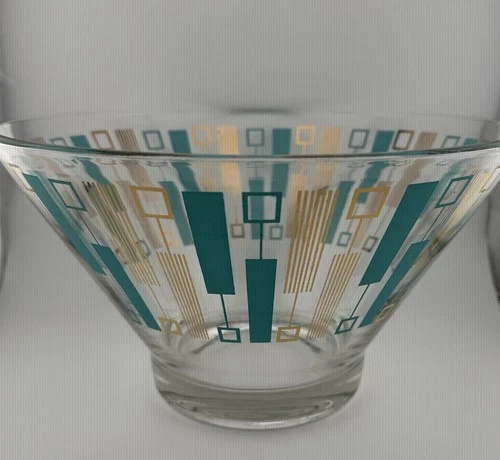 Anchor Hocking Vintage Atomic Chip Serving Bowl Gold Turquoise MCM Retro