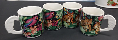 Sue Zipkin Vitromaster Rain Forest 1993 Coffee Cups Mugs Birds & Tigers Set of 4