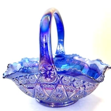 Vtg L.E. Smith Carnival Glass Sunburst Basket Iridescent Cobalt Blue  8"x9" RARE
