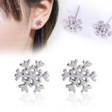 Women's Gift Christmas Snow Flake Earrings Silver Plated Studs Jewelry