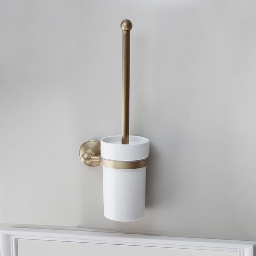Antique Brass Carving Toilet Brush With Ceramic Cup Holder Wall Mount Bathroom - 第 1/6 張圖片