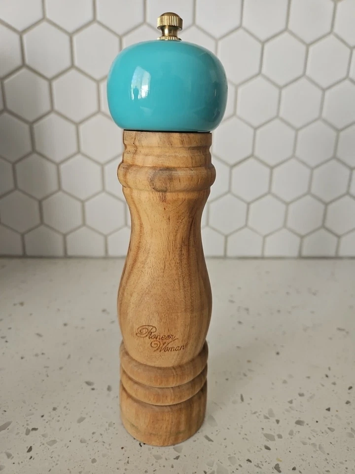 Pioneer Woman Pepper Grinder Mill Turquoise Carved Acacia Wood - Image 2 of 4