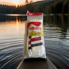 VTG Tube Socks USA Cushion 80s Acrylic 9-11 Pillow Soft Black Red Stripe