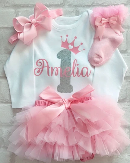 FLORENCE LILY BOUTIQUE Personalised 1st Birthday Baby Pink Silver Outfit With Socks Tutu Knickers