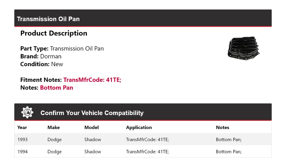 Para Dodge Shadow Dorman 1993-1994 transmisión cárter de aceite Foto 2 de 4