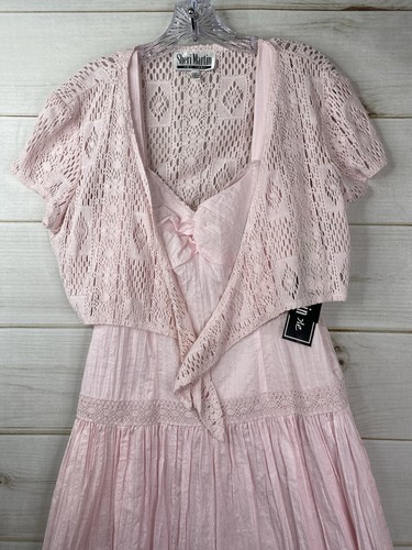 VTG Sheri Martin Dress Womens 12 Pink Crochet Cardigan Pleated Coquette Fairy - Picture 2 of 19