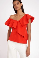 Cuyana red orange seersucker ruffle shoulder top size medium summer bright beach