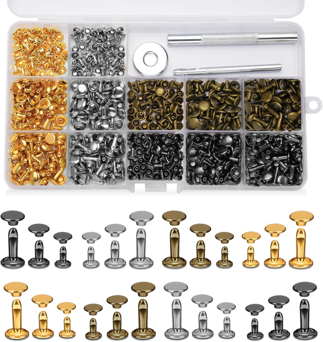 240 Set Leather Rivets, 4 Colors 3 Sizes Double Cap Rivet, Rivets