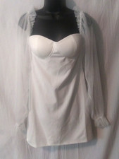 Eilly Bazar~L~Ivory Stretch Crepe Dress Sheer Sleeves Built-In Bra Ruffles~Q