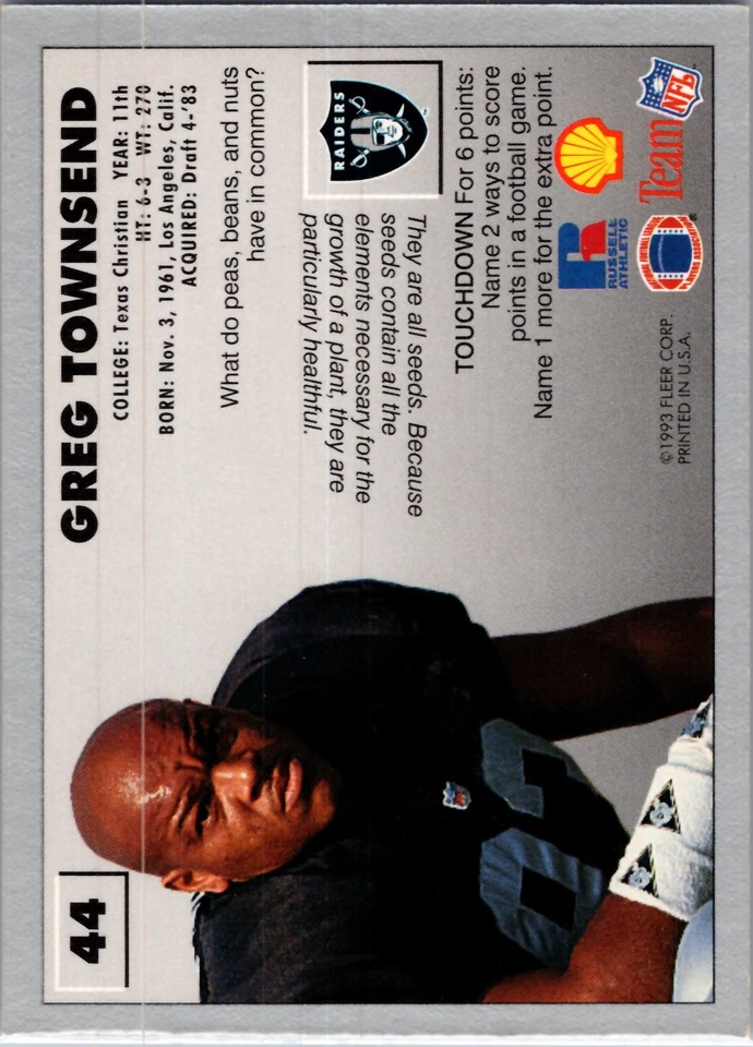 Greg Townsend Los Angeles Raiders 1993 Fleer Shell FACT #44 - Image 2 of 2