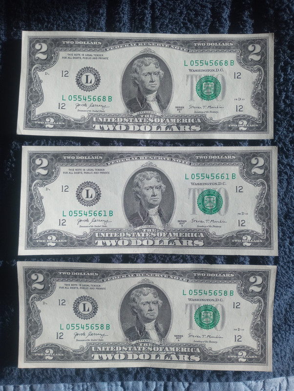 $2 dollar bill lot of 3 with weird minor printing errors UNC 2017A.  Read desc.