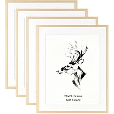 20x24 Picture Frame with Mat for 16x20 Set of 4, Natural Solid Oak Wood Frame 