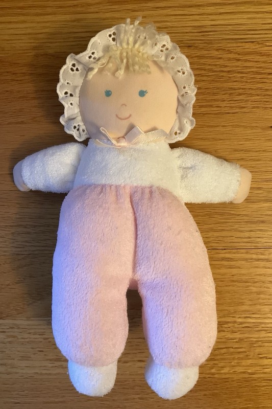 Vintage Eden Pink White Doll Terry Cloth Blue Eyes Bonnet Lace Plush 10”
