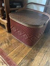 Red-Man Picnic Basket Wicker Woven Rattan Mid Century Redmon Metal Handle Vtg