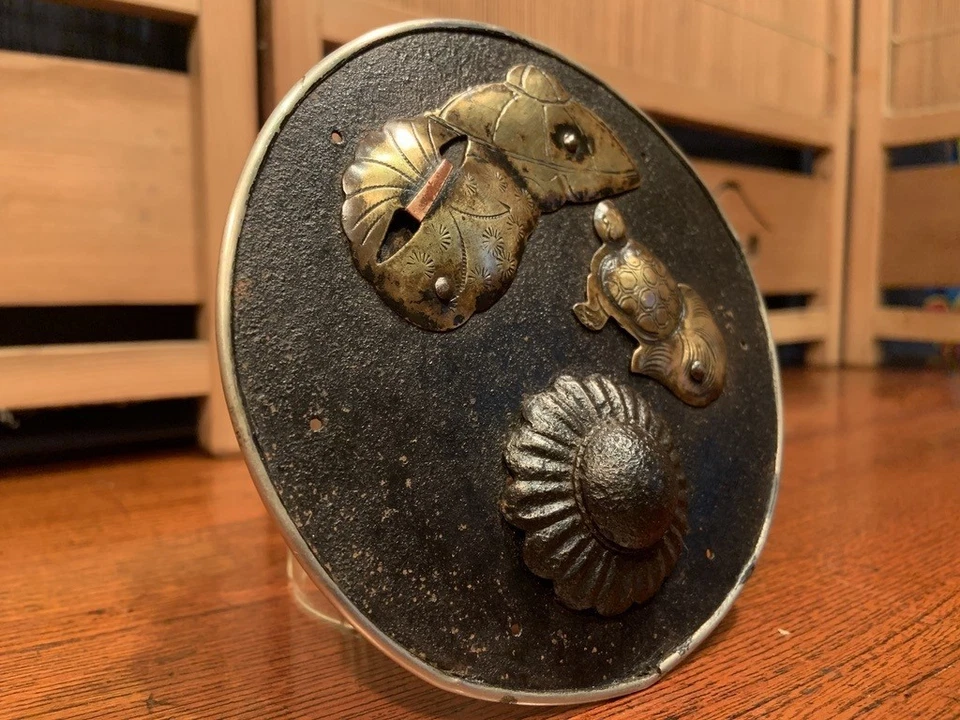 Cerradura de latón de hierro Meiji Nihonmatsu montaje cresta Tsurukame puerta gameto antigua JP Foto 2 de 4