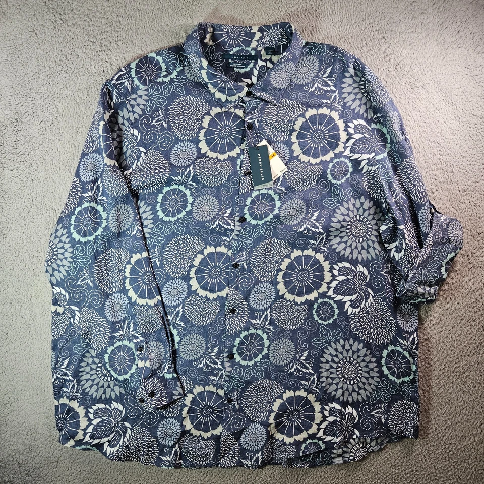 $99 NEW Perry Ellis 100% Linen Shirt Men 4X Button Geometric Floral Blue White - Image 2 of 4