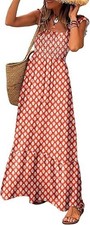 Women's Summer Boho Strap Square Neck Ruffle Sleeveless - Printed White, Small