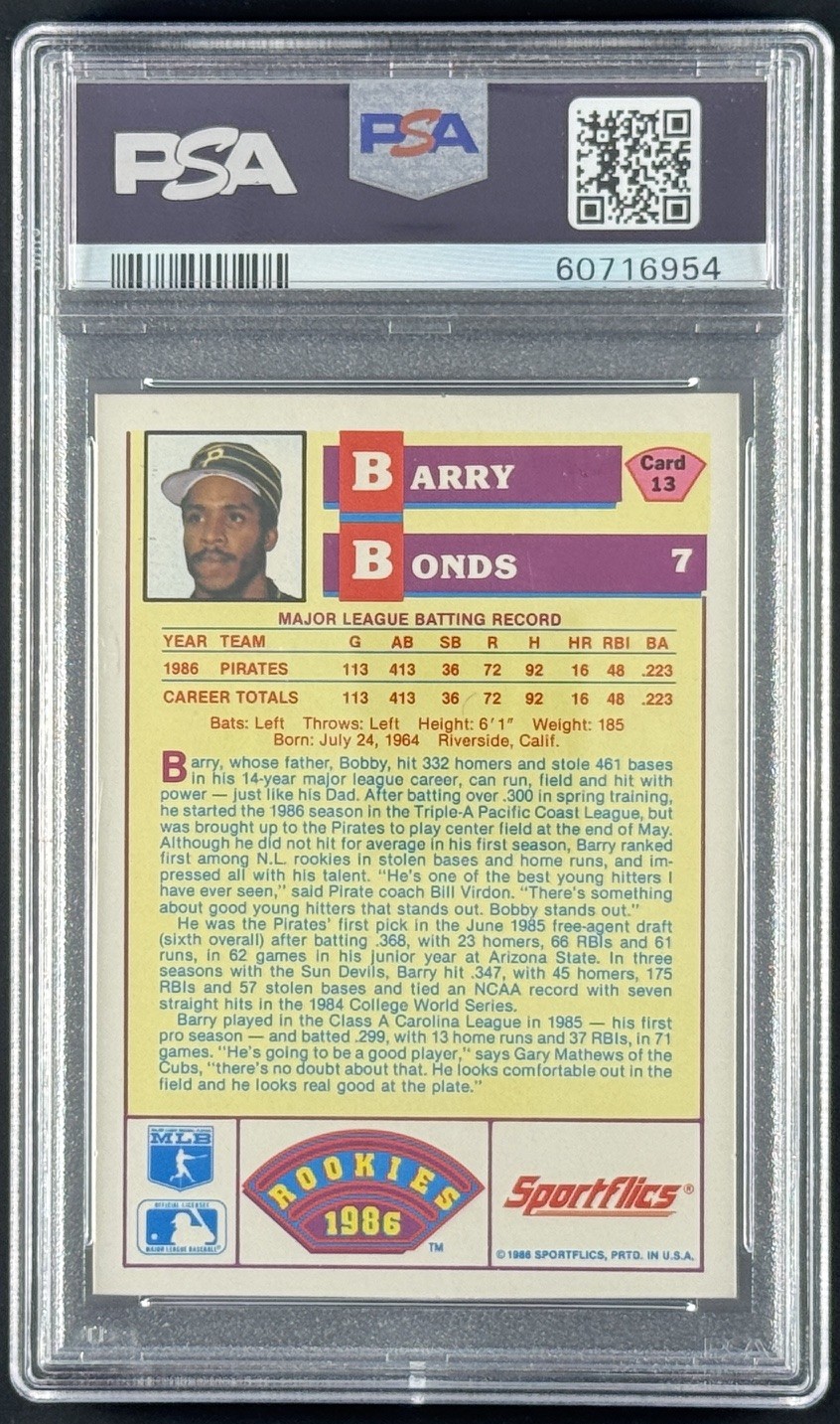Barry Bonds RC 1986 Sportflics Rookies #13 PSA 9 view 2