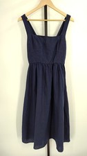 Quince 100% European Linen Fit & Flare Midi Dress Deep Navy Basic Sleeved S