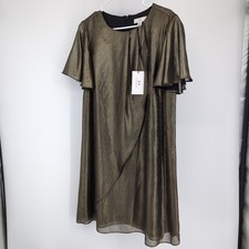 NWT Halston Heritage Gold Metallic Shimmer Overlay Dress With Bell Sleeve Medium