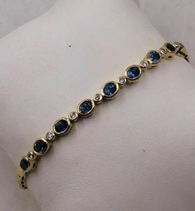 Authentic 10Ctw Oval Lab-Created Sapphire & Diamond Tennis Bracelet 14K Yellow Gold Plated