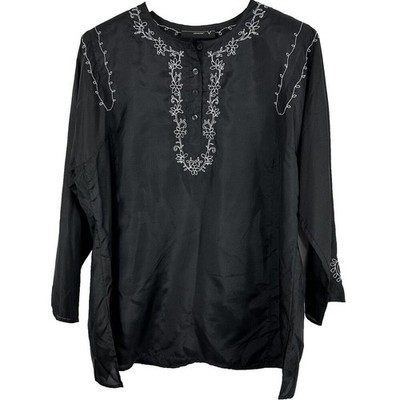 Venezia Black Tunic Top Embroidered Silk Blend Womens Size 14/16 Boho Popover