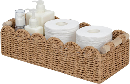 Small Scalloped Edge Paper Rope Toilet Paper Storage Basket with 2 Wooden Handle - Picture 11 of 12