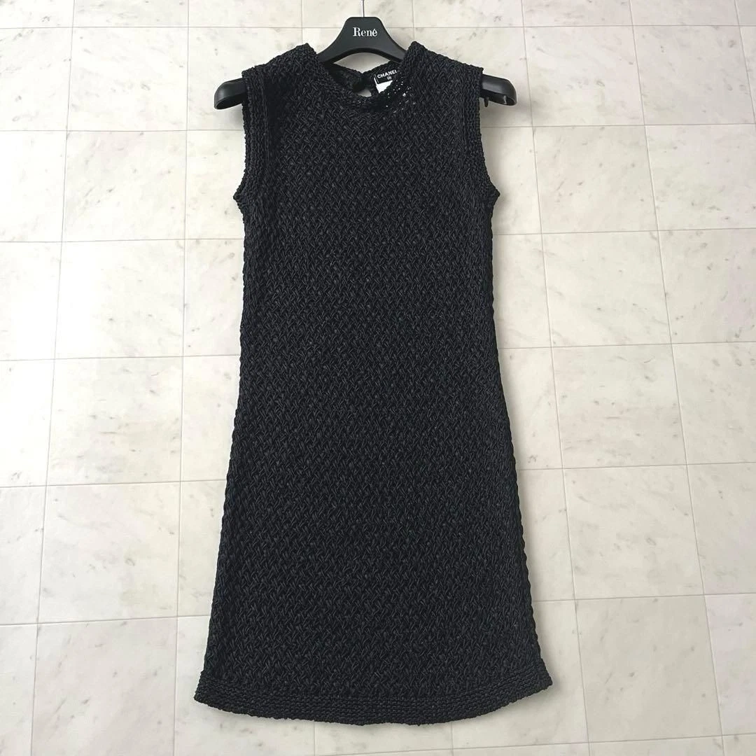 Chanel — CHANEL Mesh Knit Dress 34 Black Coco Mark Button Sleeveless Rare SR1931